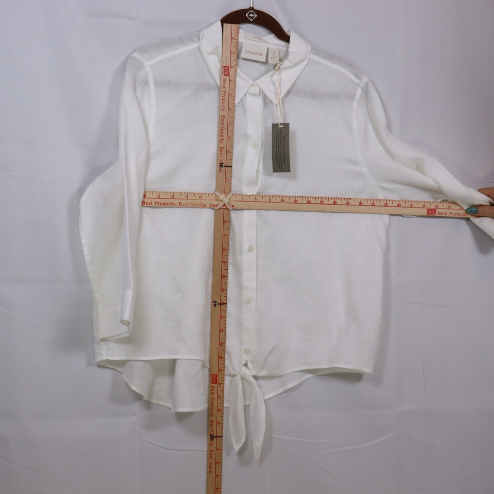 Chico's Linen Tie-Front Shirt 3 White Womens No-Iron Button Up - Picture 3 of 5